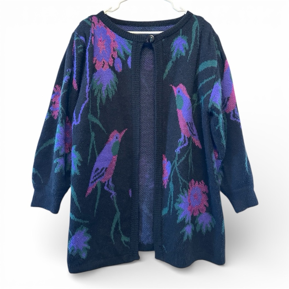 Vintage 80’s/90’s Boho Button Front Navy and Purple Bird Pattern Long Cardigan